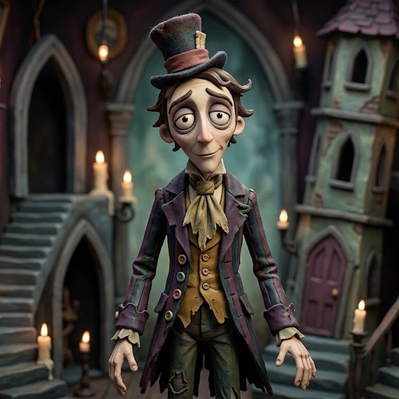 Personagem de animação stop-motion com cartola em um cenário gótico e lúdico com escadarias e velas.