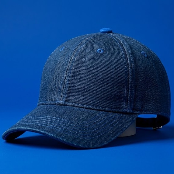 Boné de tecido jeans azul escuro centralizado contra um fundo azul vibrante e uniforme.