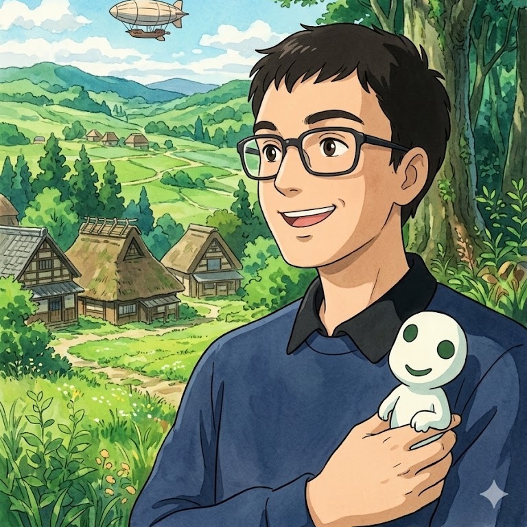 Jovem de óculos sorrindo em uma vila rural clássica enquanto segura um pequeno Kodama.