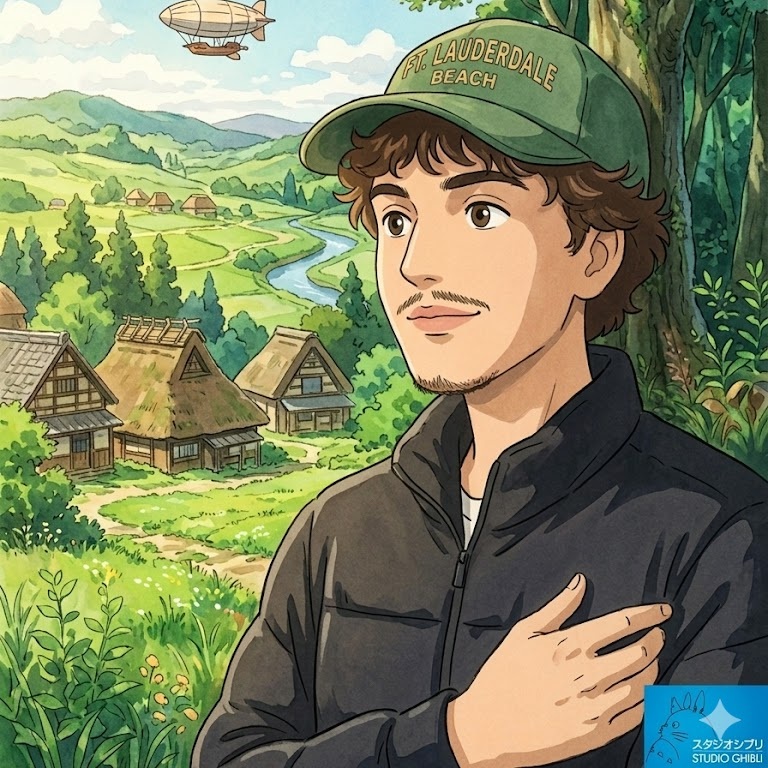 Personagem de boné verde em um vale bucólico com um Kodama escondido na árvore.